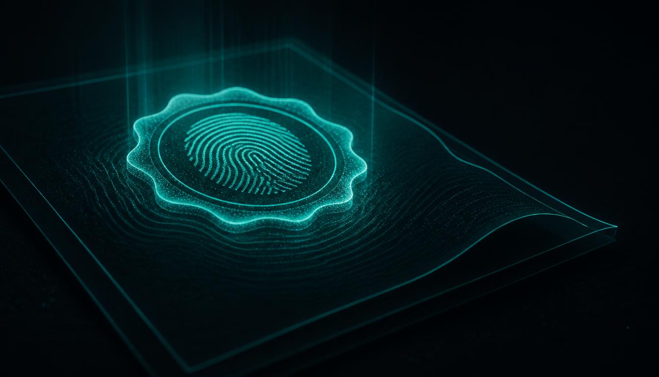 Sigillo digitale astratto con impronta e alone teal su sfondo scuro